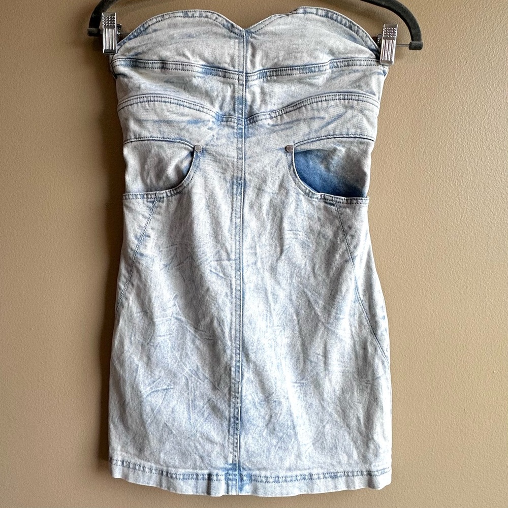 Insight Womens Dress Acid Wash Denim Strapless Sweetheart Pockets Mini Size 6 - Picture 3 of 13